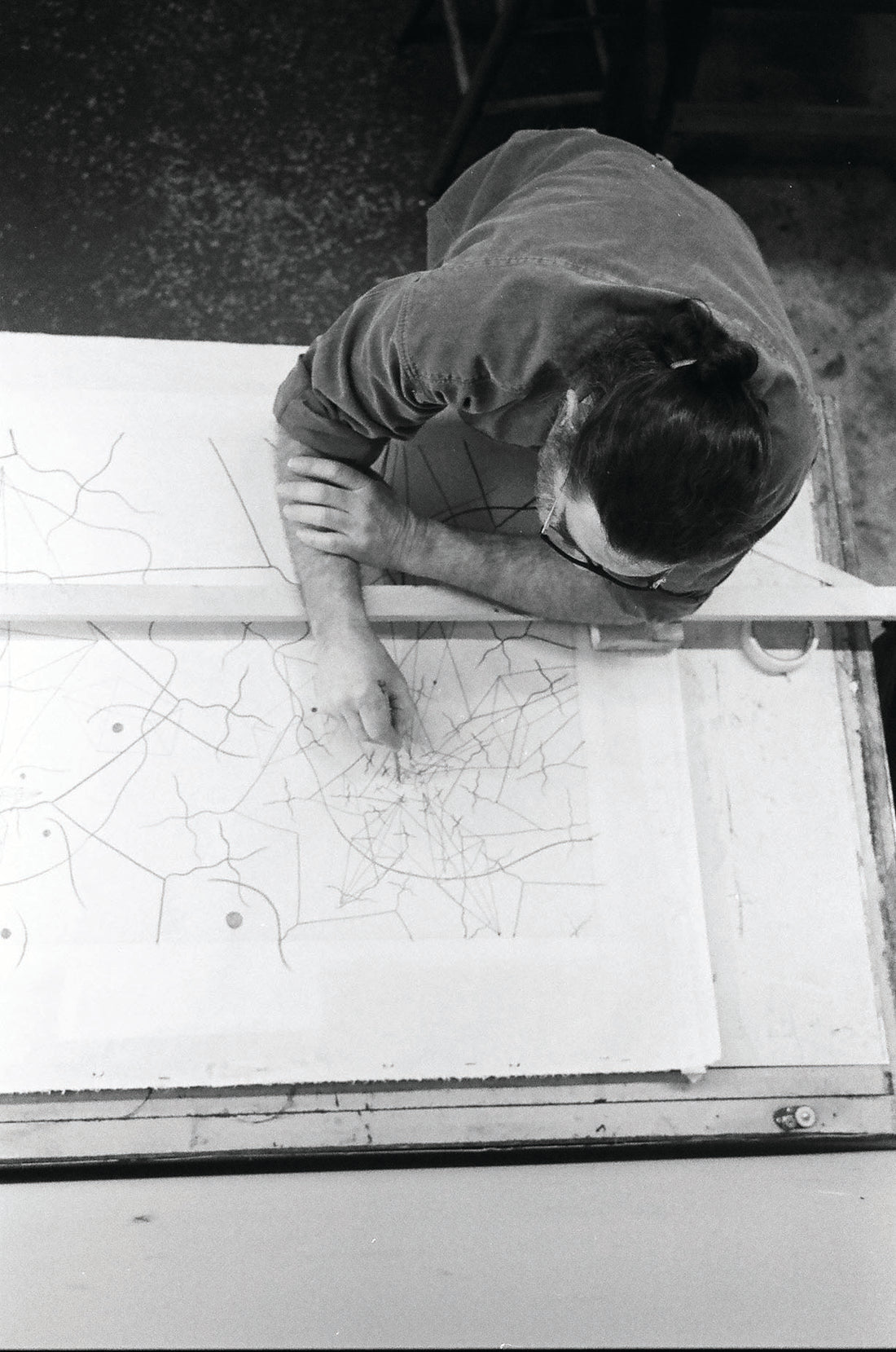 James Surls, circa 1991, making a softground drawing on the copper plate for "Thought."